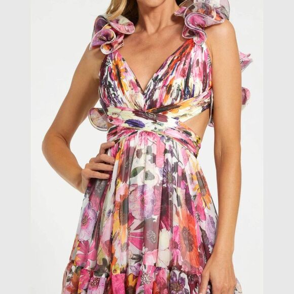 Mac Duggal 56048 Size 2 Ruffled Tiered Cut-Out Multicolored Floral Chiffon Dress - Picture 3 of 4